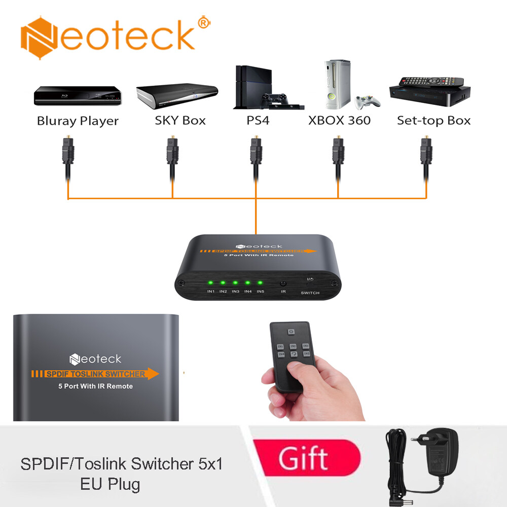 Neoteck SPDIF/Toslink Switcher 5x1 with IR Digital Optical Audio Switchers With Remote Control