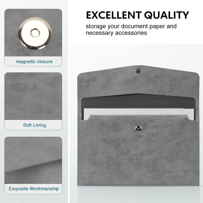 Document Wallets A4 Leather, A4 Document Folder With Press Stud, Business Leather Transparent Wallet A4, Document Organisation For School Office, Homework For Paper, Receipts, Certificates, File Bag, Grey