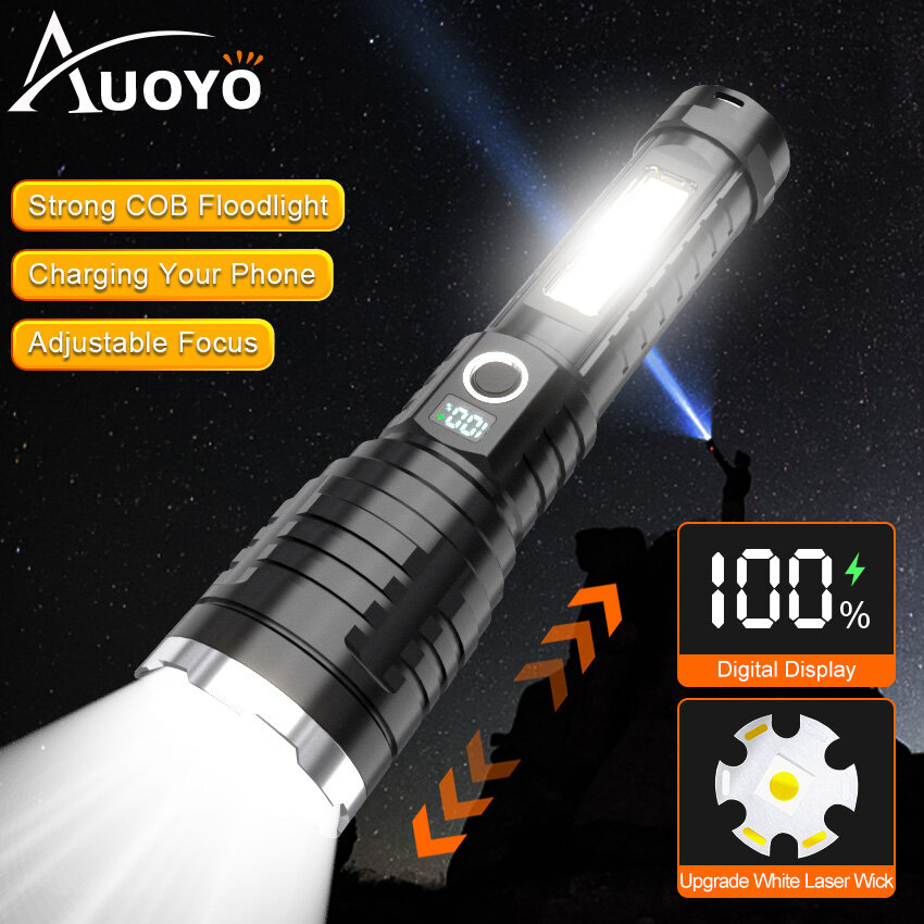 Auoyo White Laser Flashlight Outdoor Flashlight Telescopic Zoom Strong Light Multi-function Flashlight LED Power Display Charging Outdoor Flashlight Camping Outdoor Lamp Outdoor Waterproof Torchlight