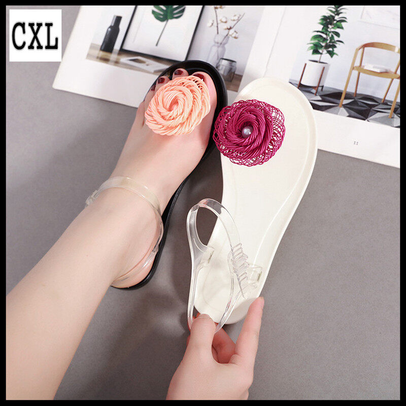 CXL Brand Roman Bohemian Style Summer Beach Jelly Flat Sandals Toe Clip Beautiful Hand-woven Flowers Inlay White Black Shoes For Women (35-40 size)