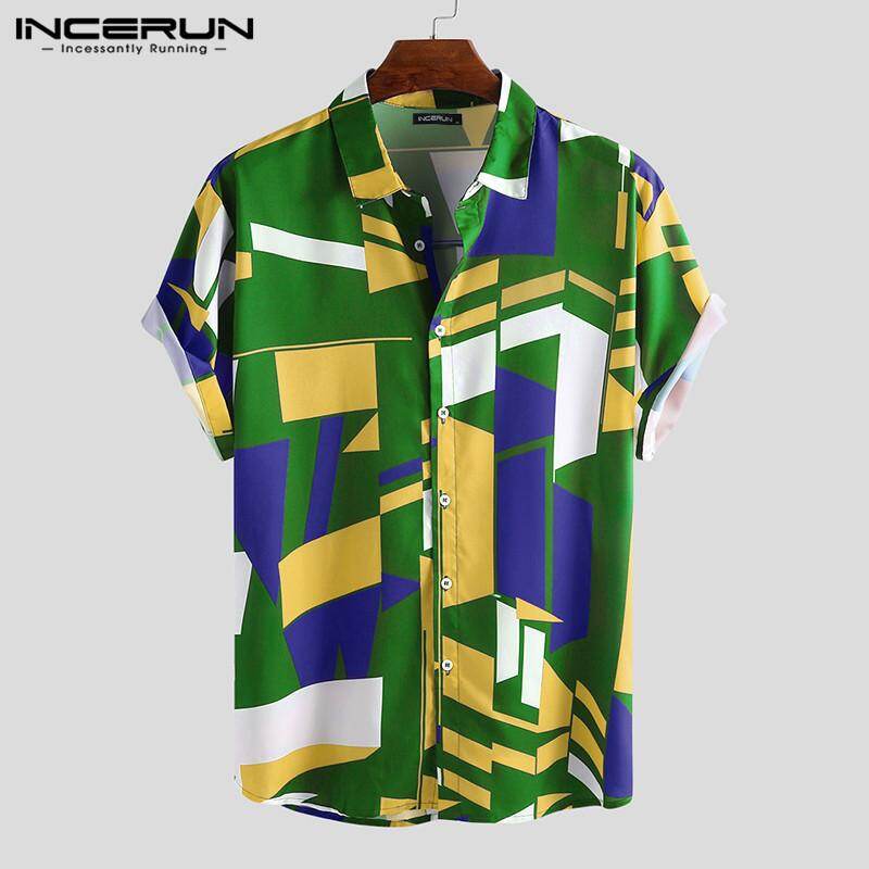 INCERUN Mens Hawaiian Print Shirt Beach Party Summer Holiday Short Sleeve Fancy Tee Top