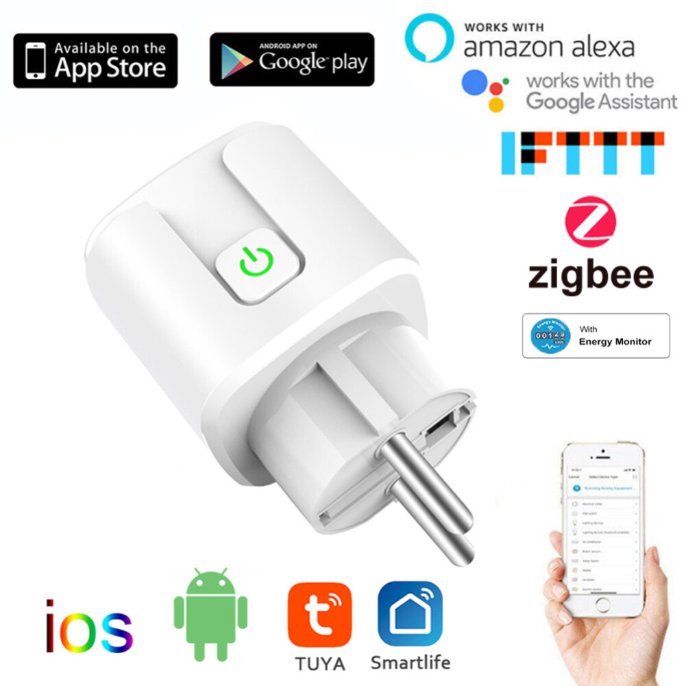 Sauceret Tuya ZigBee Smart Plug 20A EU Plug Wireless Remote Socket Smart Timer Plug Voice Control EU Home Fire Retardant PC Smart Power Socket Jan