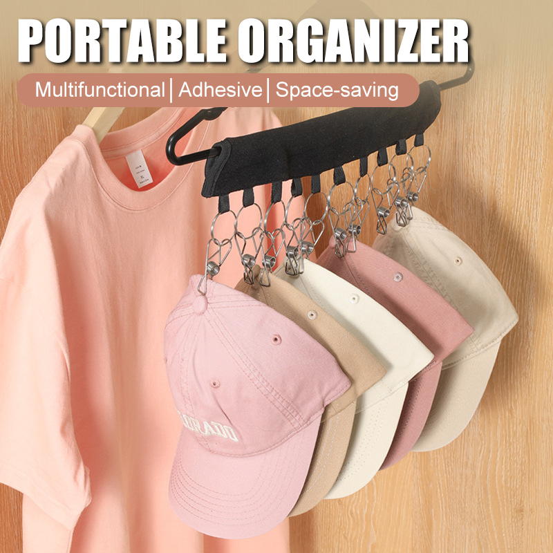 Cap Organizer Hanger, Portable Hat Organizer Holder with Rust-resistant Clips, 10 Stainless Steel Multi-purpose Storage Clips, for Hanging Hat/Socks/Gloves, etc