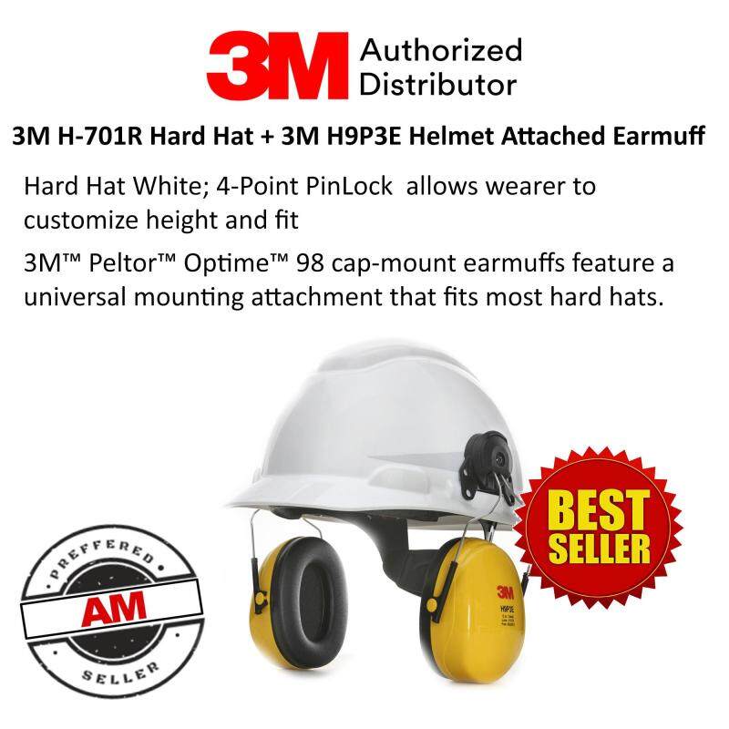 3M H-701R Hard Hat White; 4-Point PinLock + 3M H9P3E Helmet Attached Earmuff