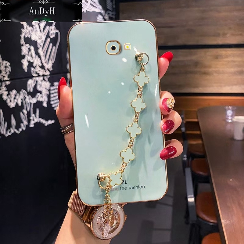 AnDyH Straight Edge Plating Phone case For Samsung Galaxy J4 Plus casing,Precise Camera Protection cases Cute girl style cover with Four leaf clover bracelet