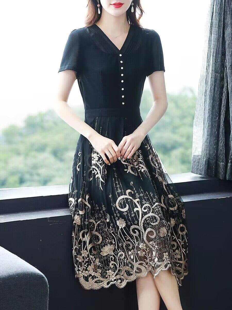 Summer Black Dress Temperament 2023 New Fashion Chiffon Women's Mid length Dress with a Slim A-line Dress at the Waist