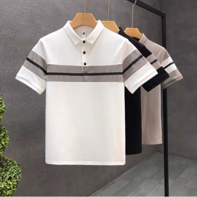 Men Minimalist outlet String Polo shirt, Korean Designer Collared Shirt, Short Sleeves Casual / Formal wear, Black / White