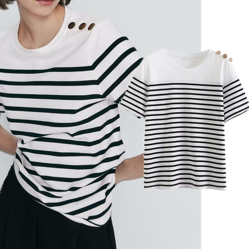 Jenny&Dave British Fashion Simple Striped Button Decoration Round Neck Summer T-shirt Casual Commuting Basic Top Women