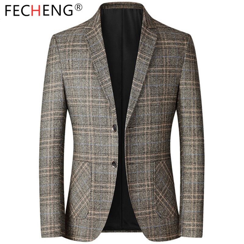 FECHENGSpring Autumn Men’s Plaid Blazers British Printed Wedding Business Casual Blazer Suit Jacket Male Formal Blazers