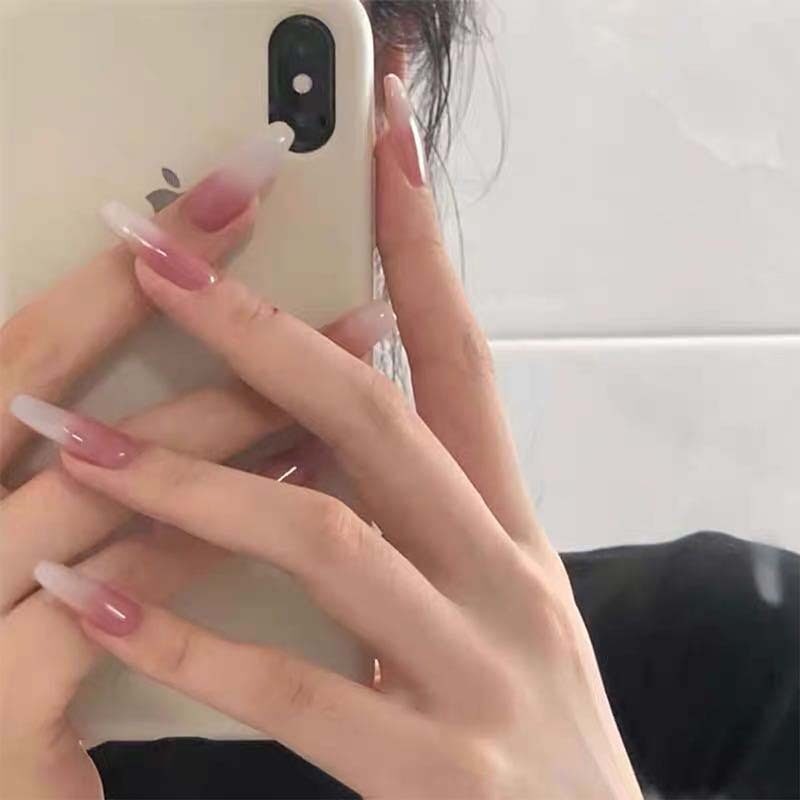 24 Cái Màu Trắng Sữa Màu Hồng Gradient Dài Ba Lê Dán Móng Móng Tay Giả