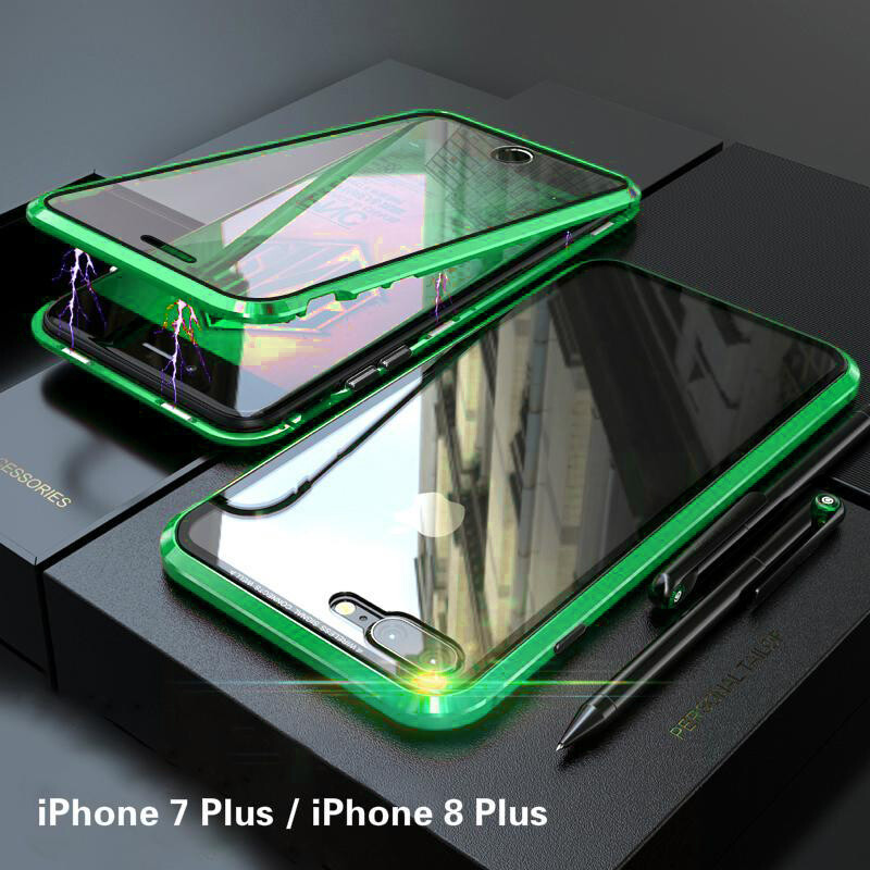 Đối với Apple iPhone 7 Plus / iPhone 8 Plus Vỏ từ tính 360 Mặt trước + Mặt sau Vỏ kính cường lực 9H hai mặt cho Apple iPhone 7 Plus / iPhone 8 Plus Ốp lưng kim loại