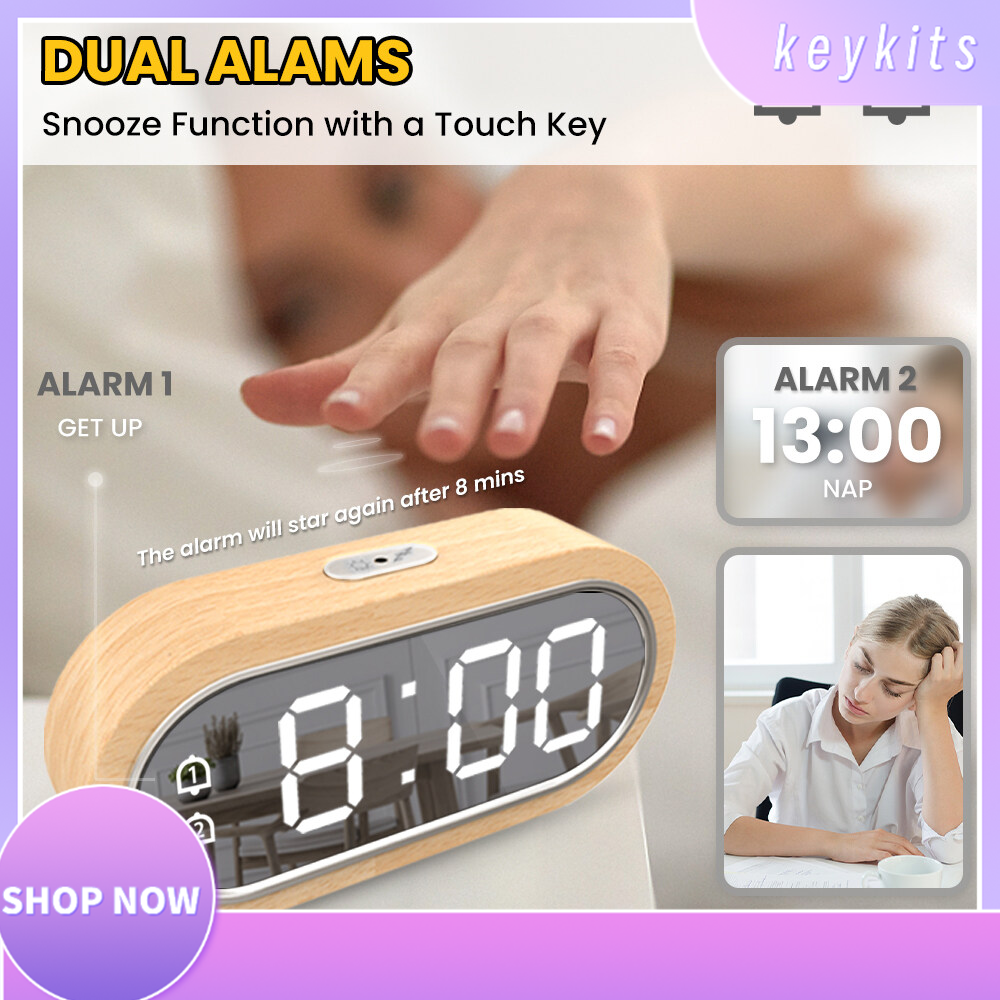 Keykits-Beech Wood Digital Clock Dual Alarm Snooze USB Alarm Clock Table Thermometer Electronic LED Wooden Desk Clock 4-Level Brightness for Living Room Office