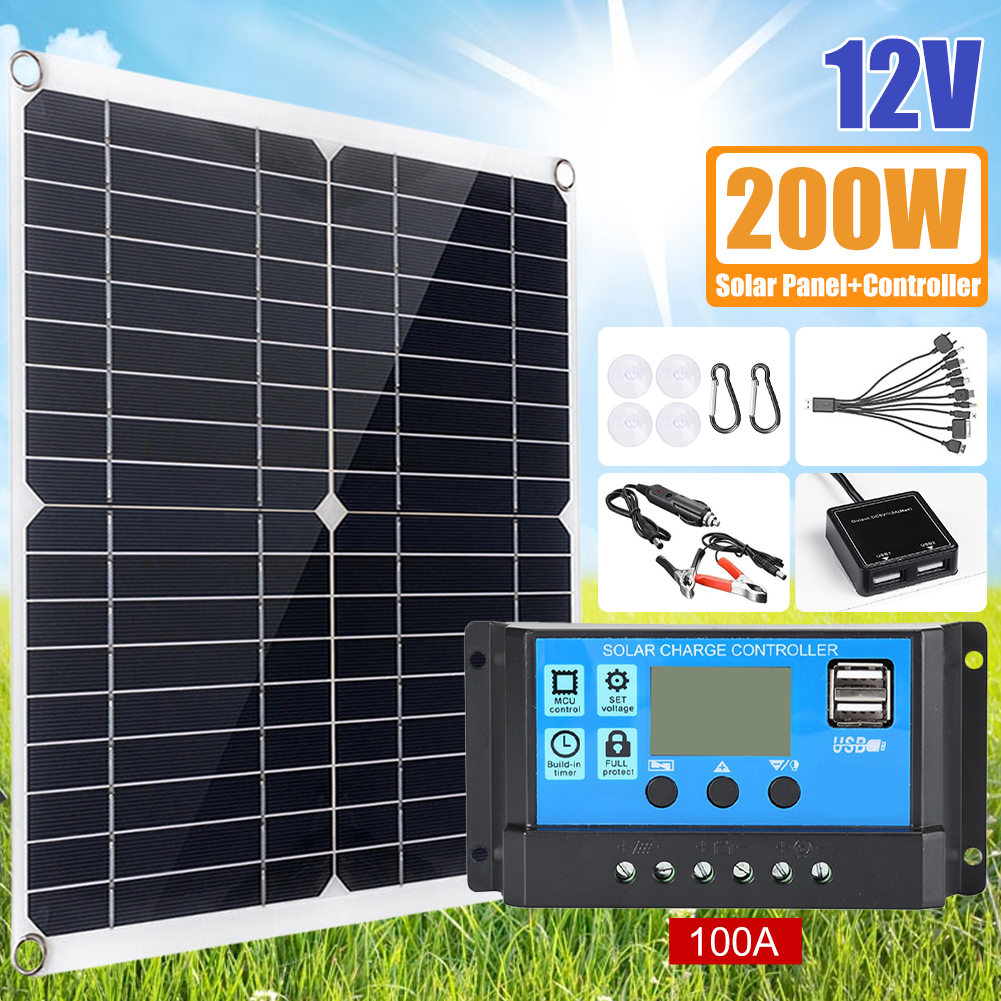 Bộ Tấm Pin Năng Lượng Mặt Trời 200W Bộ Điều Khiển Sạc Năng Lượng Mặt Trời 12V Với 100A Bộ Điều Khiển Tấm Pin Năng Lượng Mặt Trời Đầu Ra USB Kép 5V Cho Thuyền Caravan