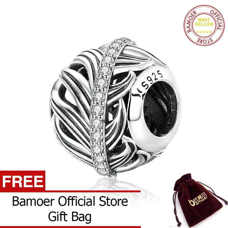 BAMOER Real 925 Sterling Silver Vintage Feathers Clear Cubic Zircon Beads Charm fit Women Bracelets Original Jewelry SCC1065 Feb