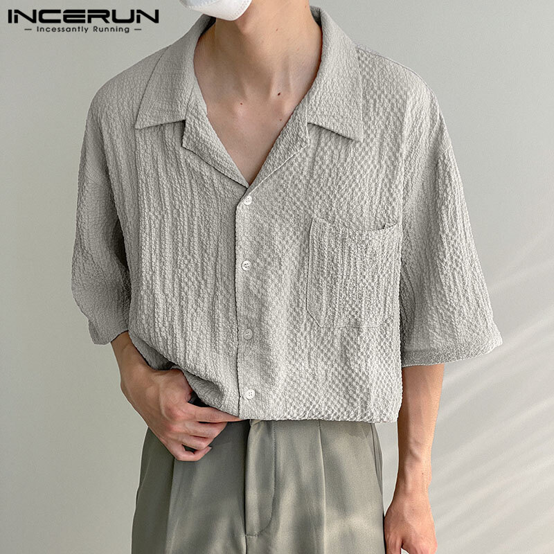 Medussa INCERUN Men's Turn-Down-Collar Solid Tops Simple Loose Button Down Shirts (Korean Style)