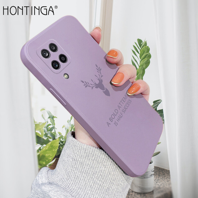 Hontinga Casing Case For Samsung Galaxy A12 Case Square Original Liquid Soft Silicone Deer Reindeer Full Cover Camera Protection Shockproof Cases Back Cover Phone Casing Softcase For Boys Girls Men Women