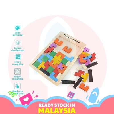 Iskiddo 40pcs 3 in 1 Russian Blocks T Tangram Tetris Jigsaw Puzzle Wooden Kids Brain Teaser Toy