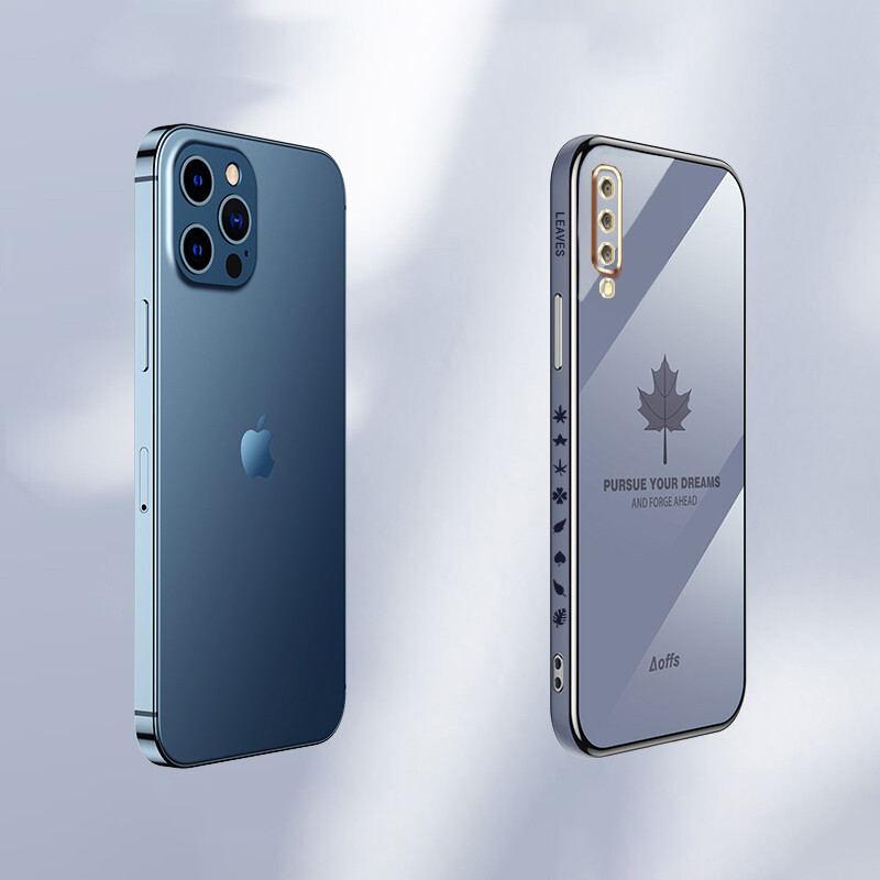YBD Straight Edge Plating Phone case For Samsung Galaxy A7 2018 A750 Plus casing, Precise Camera Protection case a7 2018 Maple leaf pattern cover with Free lanyard