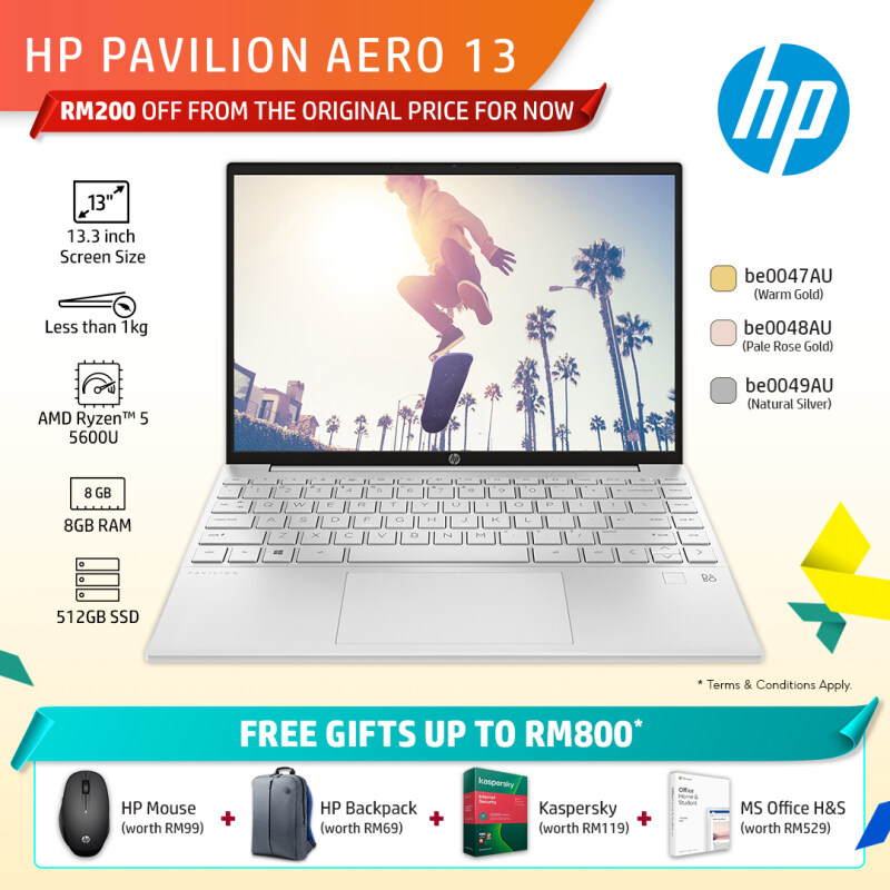 HP PAVILION AERO 13-BE0047AU WARM GOLD (R5-5600U, 8GB, 512GB SSD, 13.3 WUXGA, W10, H&S) Malaysia