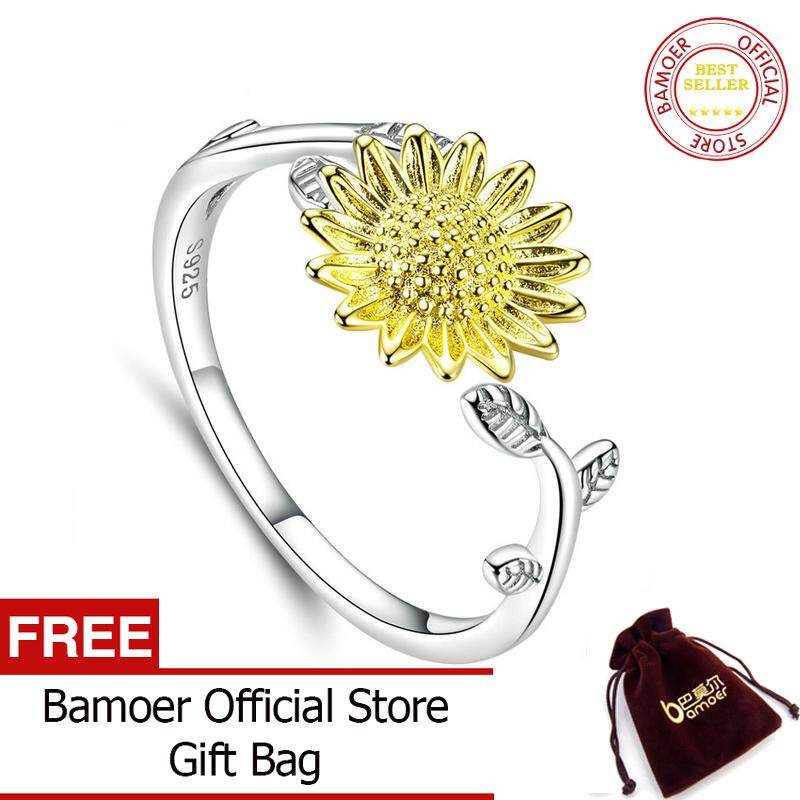 BAMOER Luxury Gold Sunflower Genuine Silver Adjustable Rings For Women Fashion Jewelry SCR596