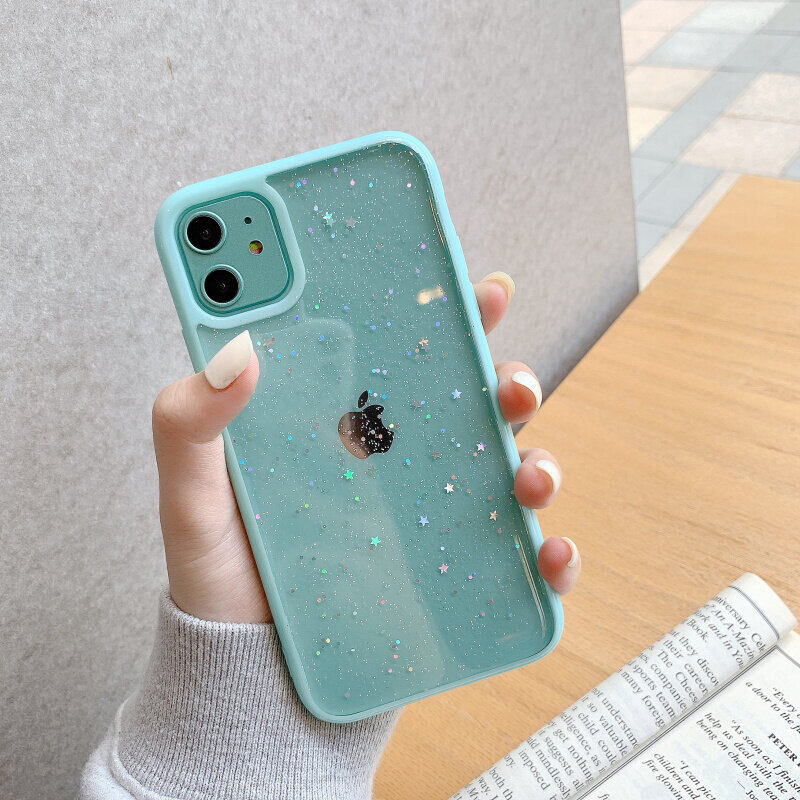 CrashStar Glitter Bling Transparent Hard Phone Case For iPhone 15 14 13 12 11 Pro Max Mini XR X XS 8 7 Plus + SE 2020 Simple Clear Phone Casing Shockproof Anti-fall Phone Cover Back Shell Hot Sale