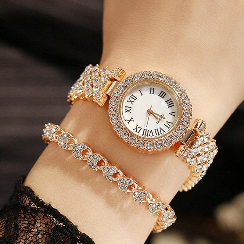 JIMG High Quality Rose Gold Luxury Quartz Watch Ladies Rhinestone Retro Bracelet Watch Set Business International Clock For Women Malaysia