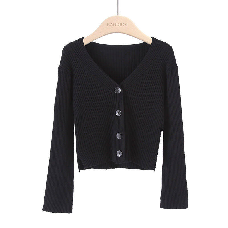 Retro V-neck Solid Color Long Sleeved Outerwear Women All-match Knitted Sweater