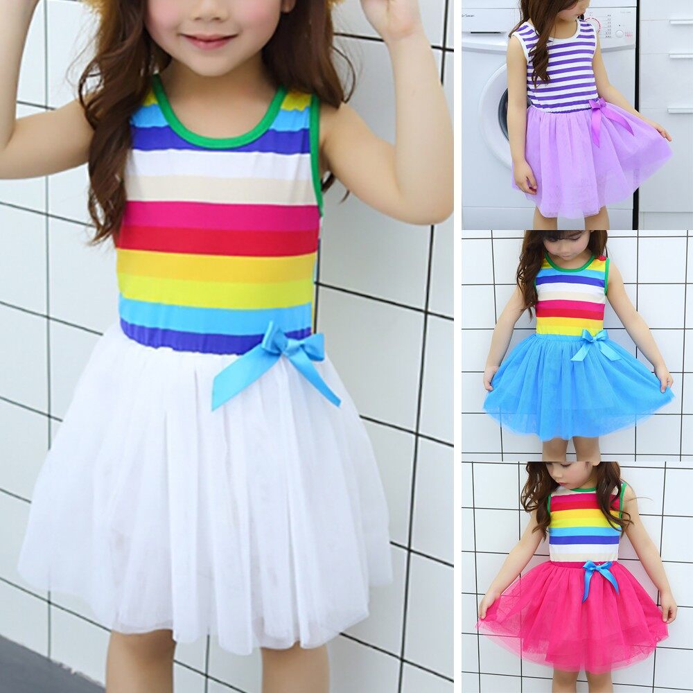 Kingstar Rainbow Princess Dress For Girls Kids Casual Sleeveless Tutu Cotton Summer 1-9 Years