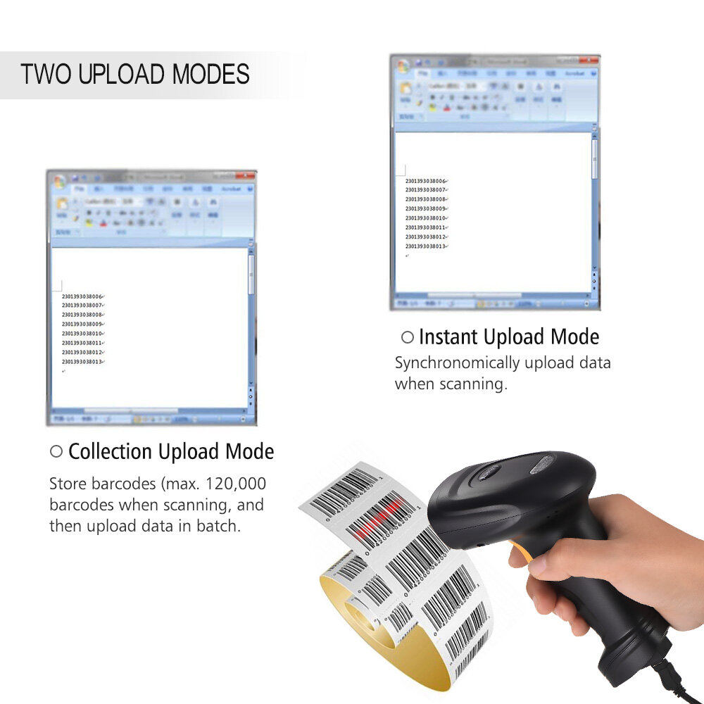 Aibecy Máy Quét Mã Vạch Không Dây 2 Trong 1 2.4G & Máy Quét Mã Vạch Có Dây USB Máy Quét Mã Vạch 1D Cầm Tay Lưu Trữ Tối Đa 120,000 Mã Vạch Với Bộ Thu USB Mini Pin Có Thể Sạc Lại Cáp USB, Cho Máy Tính Máy Tính Xách Tay