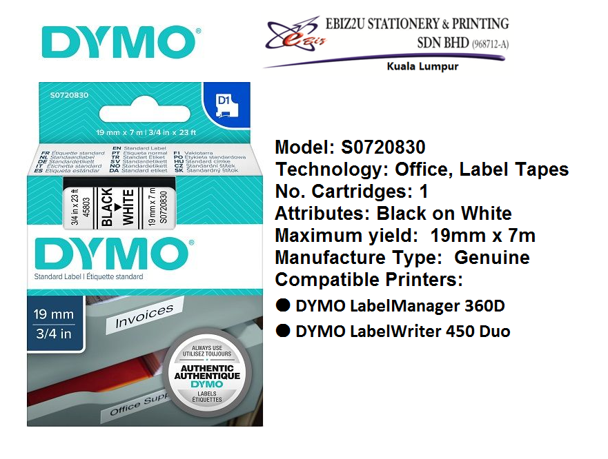 DYMO S0720830 Black on White Label Tape Genuine DYMO Authentic D1 Labels  Black Print on White Tape 19mm x 7m LabelManager MobileLabeler Printers DYMO  Lazada