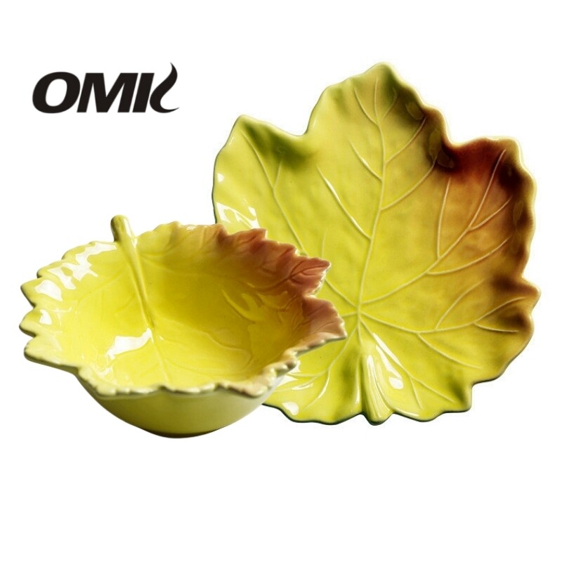 Omk lá phong hình đĩa trái cây gốm và bát đựng sa lát 500ml
