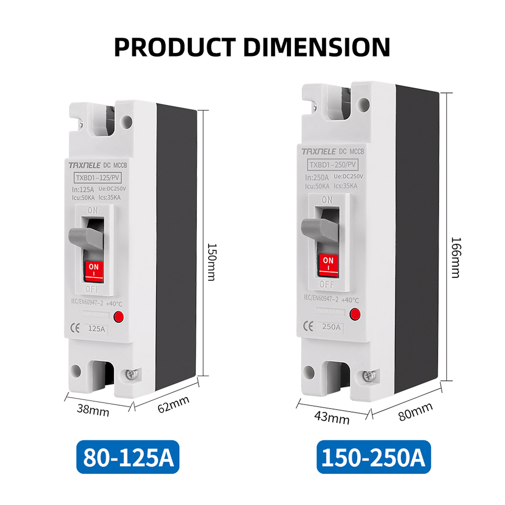 DC Circuit Breaker MCCB Overload Protection Switch 1P 150A 250A 250V PV Solar Molded Case Protector Short Circuit Photovoltaic