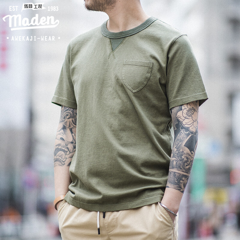 Maden tooling 2024 summer new men simple Japanese retro army green t-shirt foundation round neck pocket boy short-sleeved solid color compassionate
