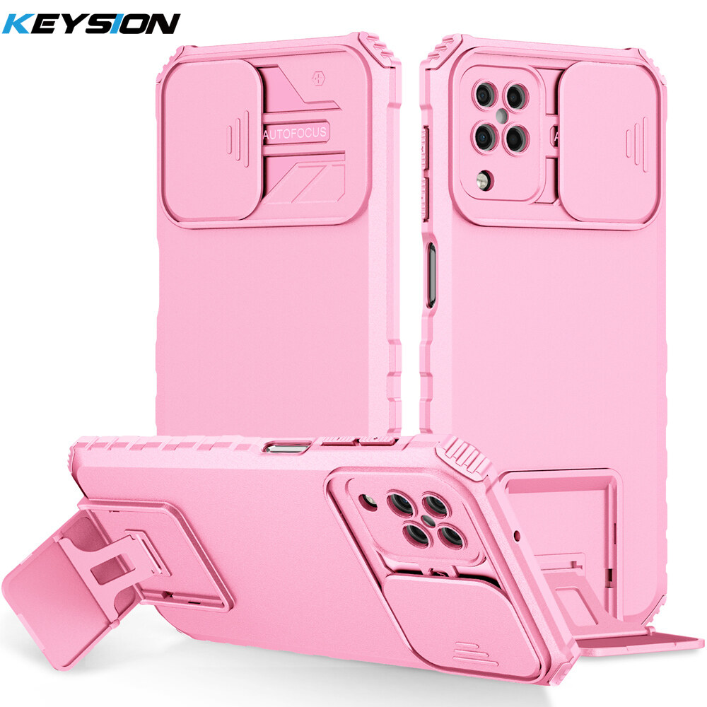 Keysion shockproof case for samsung a12 a22 4g a22s a42 5g push pull camera protection live stand phone cover for galaxy m32 m12