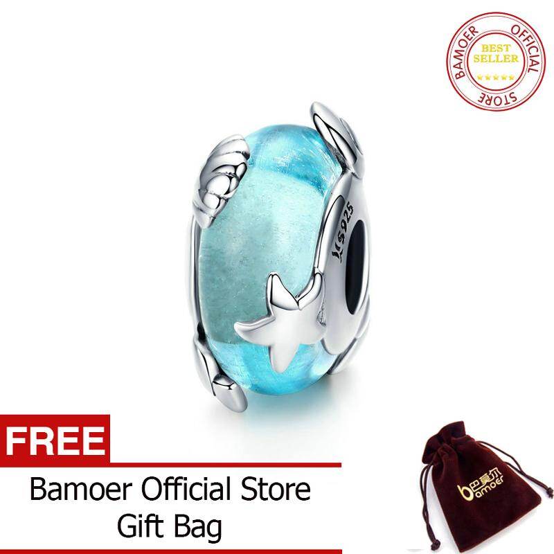 BAMOER Light Blue Murano Glass Beads for Women Jewelry Making Sterling Silver Starfish Charm fit European Charm Bracelet SCC1257