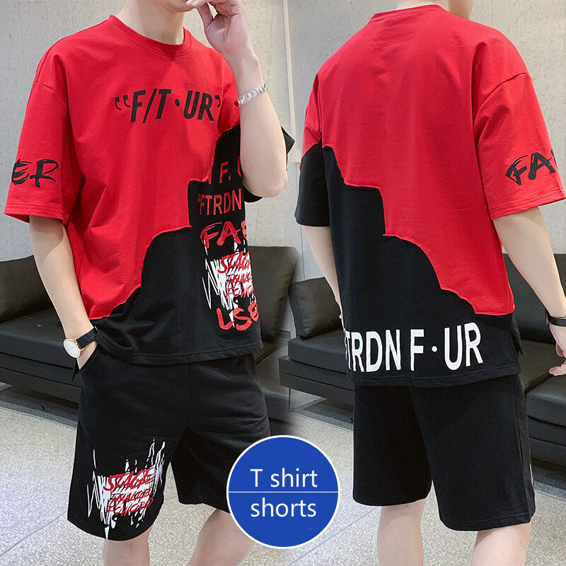 IELGY Summer men's short-sleeved t-shirt five-point pants boys sports and leisure suits young students (two-piece)