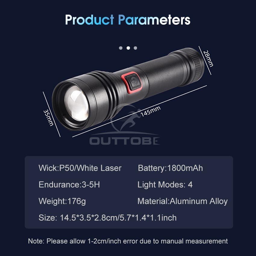 Outtobe Flashlight Multifunctional P50 Mini Torch Light White Laser Flashlight Super Bright Flashlight Waterproof Outdoor Torchlight Zoomable LED Flashlight Penlight