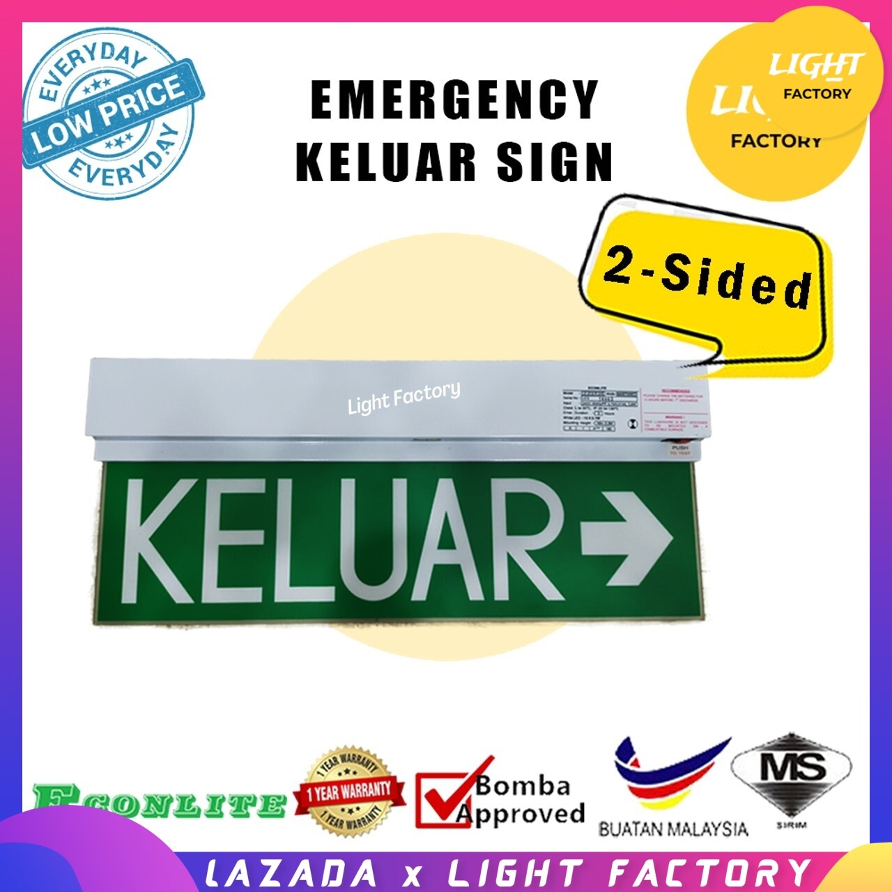 [SIRIM BOMBA Approved] LED KELUAR SIGN ECONLITE LE213 Emergency Exit Double Sign Emergency Light