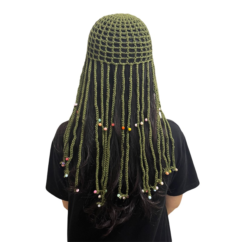 Simon Women's Handmade Crochet Hats Y2k Fashion Fascinating Hollow Beanie Hat Cap with Beads Tassle Decoration Chic Hat