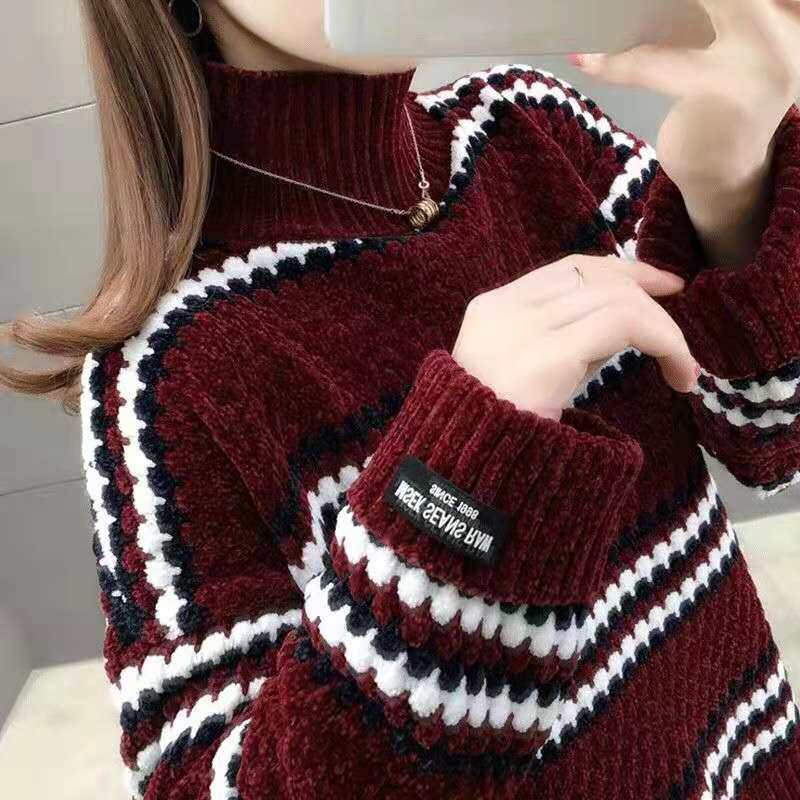 2021 New Women's Sweater High Collar Pullover Vintage Long Sleeve Loose Knitted Winter Female Stripe Sweater Top