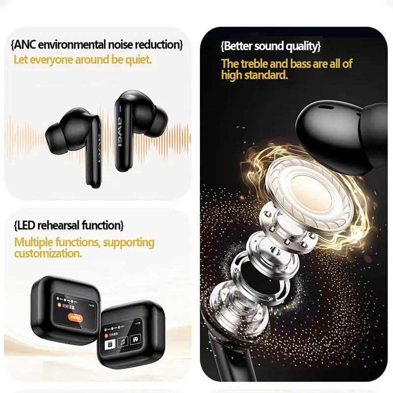 Awei T56 ANC Large color Screen AI Intelligent Translation Bluetooth earphone -35dB EQ model selection bluetooth 5.4 with Earphones search Wallpaper selection Spatial sound effect selection wireless earbuds