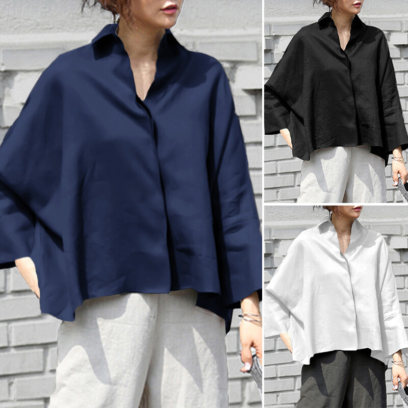 VONDA Womens Long Sleeve Casual Plain Blouse Office OL Shirt Plus Size Basic Tops Tee Plus Size (Korean Causal)
