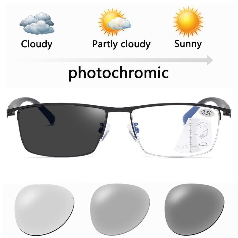 TR90 Adjustment Multi-focus Photochromic Reading Glasses Progressive Men Half-Frame Anti-Blue Light Finished Glasses Black