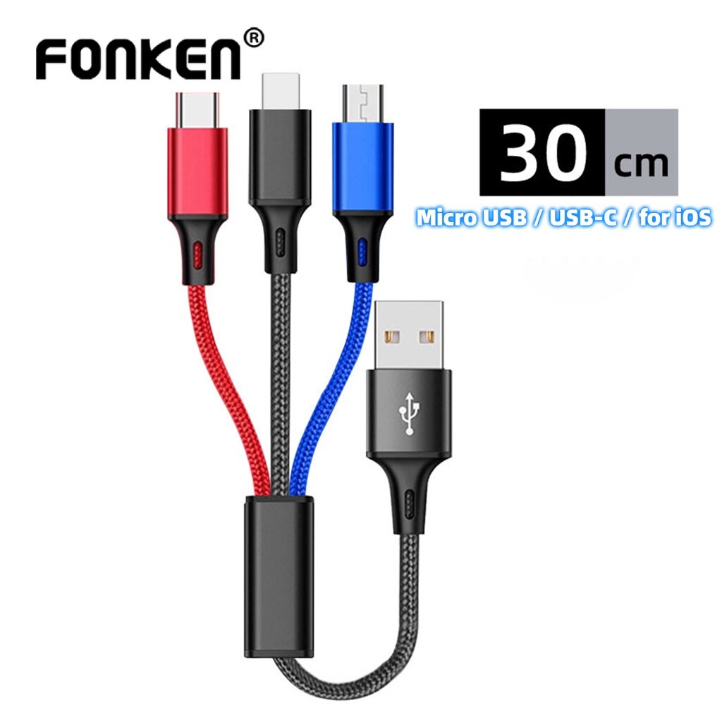 Fonken 30cm short cable 3 in 1 cable usb charging line 2.4a fast charging cable for iphone huawei type c cable