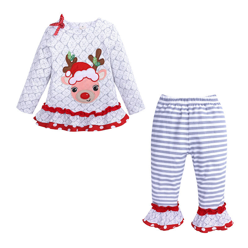 HS Christmas kids dress girls long sleeved elk top striped trouser set Christmas style children's clothing