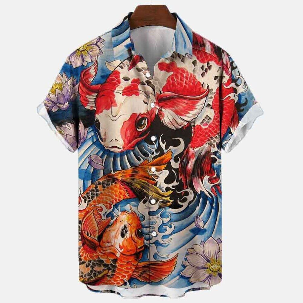 2022 3D Myth Retro Animal Men's Hawaiian Shirts Lapel Men's Shirt Summer Shirts Lionfish Dragon Print Short Sleeve Loose Eu Size