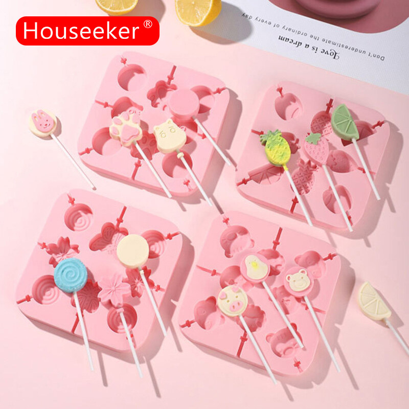 Houseeker Cartoon Animal Silicone Chocolate Mold With Lid Baking Accessories Cute Dinosaur Fruit Lollipop Mold With Sticks