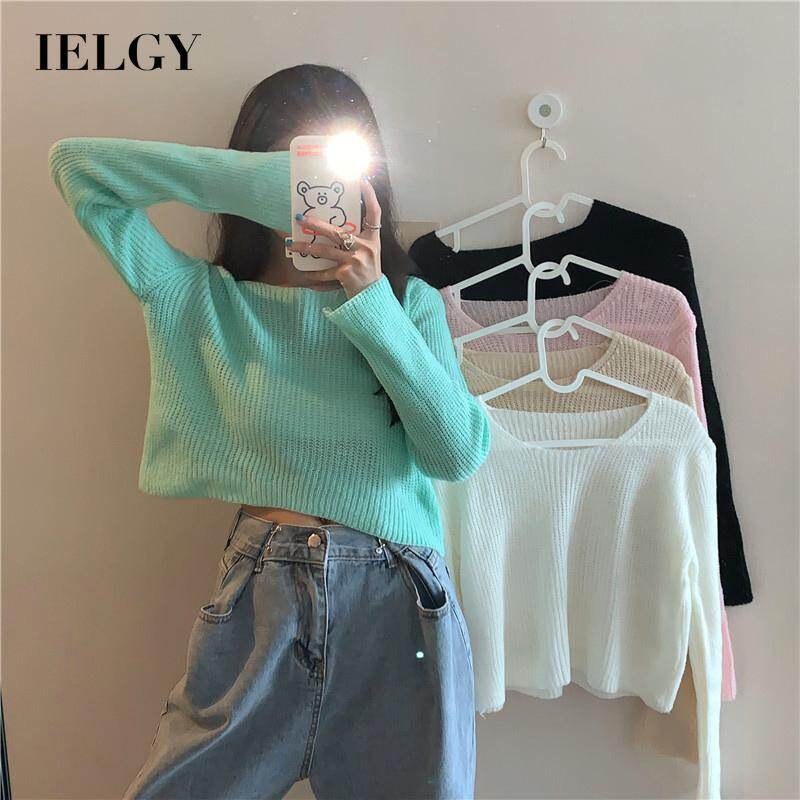 IELGY long-sleeved sweater Korean style top short mohair outer wear round neck thin pullover sweater