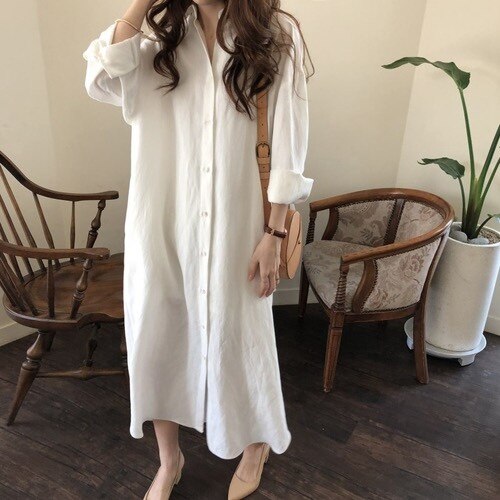 Korean Style Loose Cotton Blue White Dress Women Long Sleeve Casual Shirt Dress
