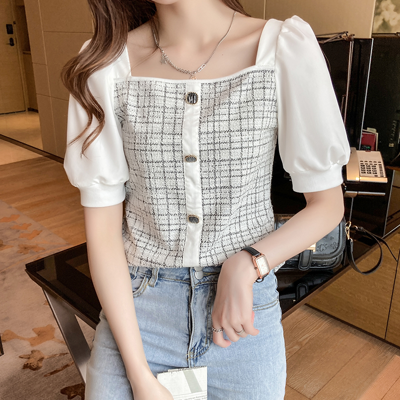 YIGE summer Korean women's plaid square collar blouse plus size elegant temperament